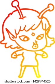 dibujo de línea de gradiente cálido de una bella chica alienígena