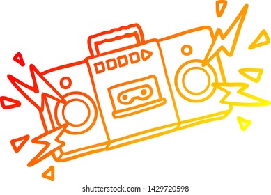 warm gradient line drawing of a retro cartoon tape cassette player blasting out old rock tunes