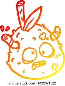 warm gradient line drawing of a rotting old pear with worm