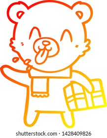 warm gradient line drawing of a rude cartoon bear with present