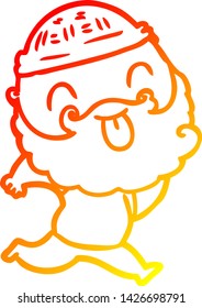 warm gradient line drawing of a running man with beard sticking out tongue