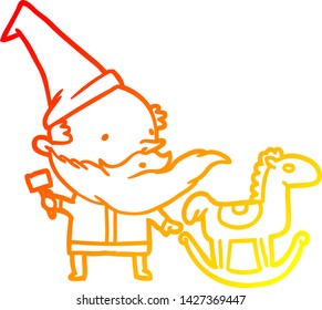 warm gradient line drawing of a santa (or elf) making a rocking horse