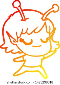 warm gradient line drawing of a smiling alien girl cartoon