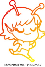 warm gradient line drawing of a smiling alien girl cartoon running