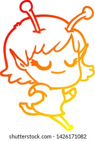 warm gradient line drawing of a smiling alien girl cartoon running