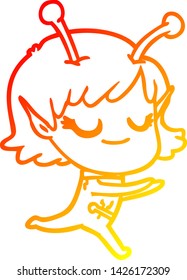 dibujo de línea de gradiente cálido de una caricatura de una chica alienígena sonriente corriendo