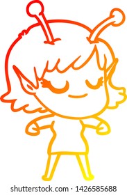 warm gradient line drawing of a smiling alien girl cartoon