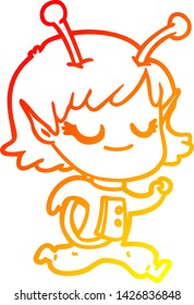warm gradient line drawing of a smiling alien girl cartoon