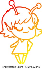 dibujo de línea de gradiente cálido de una caricatura de una chica alienígena sonriente