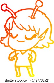 dibujo de línea de gradiente cálido de una caricatura de una chica alienígena sonriente