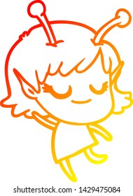 warm gradient line drawing of a smiling alien girl cartoon