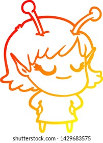 dibujo de línea de gradiente cálido de una caricatura de una chica alienígena sonriente