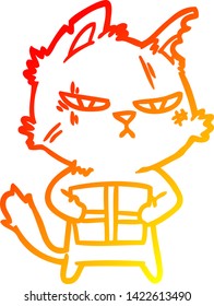 desenho de linha gradiente quente de um gato de desenho animado resistente com presente de Natal