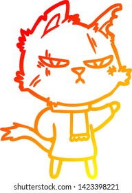 warm gradient line drawing of a tough cartoon cat in winter scarf