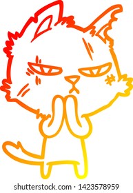 warm gradient line drawing of a tough cartoon cat
