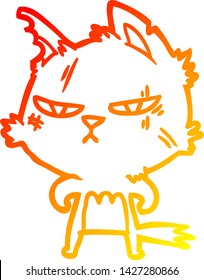 warm gradient line drawing of a tough cartoon cat