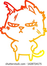 warm gradient line drawing of a tough cartoon cat