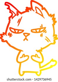 warm gradient line drawing of a tough cartoon cat