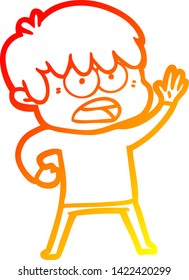 dibujo de línea de degradado cálido de un niño de dibujos animados preocupado