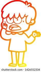 warme Farbverlauf-Linienzeichnung eines besorgten Cartoon-Jungen