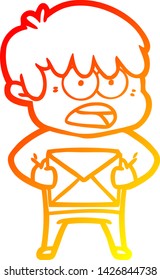 warm gradient line drawing of a worried cartoon boy