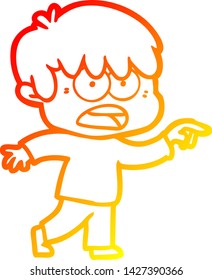 dibujo de línea de degradado cálido de un niño de dibujos animados preocupado