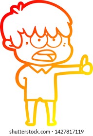 dibujo de línea de degradado cálido de un niño de dibujos animados preocupado