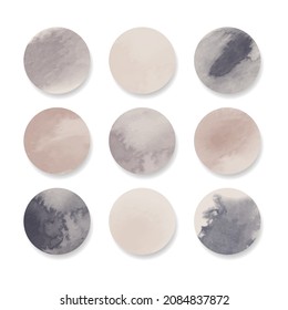 Warm gray watercolor story highlight cover icons. Set of luxury abstract pastel watercolor circles design. Highlight cover for social media stories.