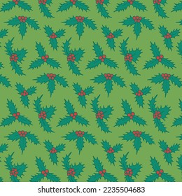Warm green background with vegetal texture. Christmas background with holly leaves and berries. Decorative seamless pattern for wrapping paper, wallpaper, textile, greeting cards and invitations.