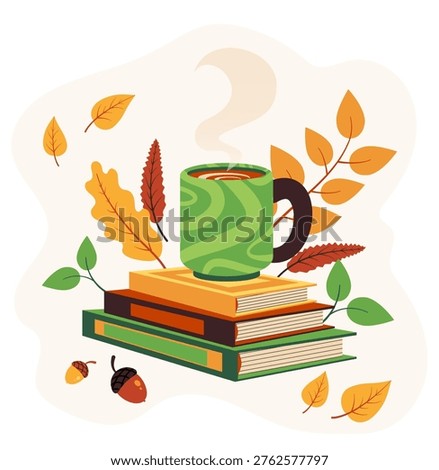 A warm green mug on stacked books surrounded by falling autumn leaves in a flat graphic style on a soft light background, conveying a cozy seasonal reading concept. Hand-drawn vector illustration