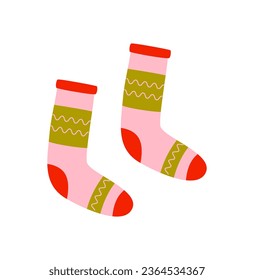 Warm green and pink stockings isolated on white background. Long socks. Autumn and winter cozy season. Accessorize. Christmas and New Year time.