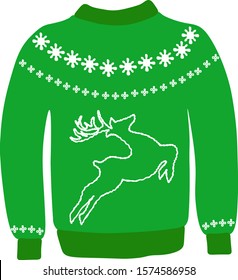 Warm green sweater with deer ornament.Illustration vector.For prints, greeting cards, textiles, book illustrations.