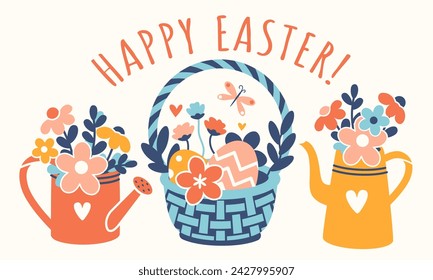 Warm greeting message for a joyful Easter! Retro cottagecore horizontal banner with spring Happy Easter concept. Vector bouquets of flowers and Easter eggs. Excellent for the design of postcards.