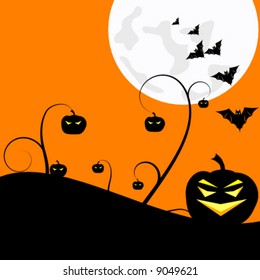 warm Halloween background with pumpkins and bats under a big bright moon