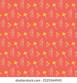 Warm Halloween seamless pattern with hand drawn spider web and poisonous fungus. Cute print design for Halloween on red background. Good for kids textile, wrapping paper