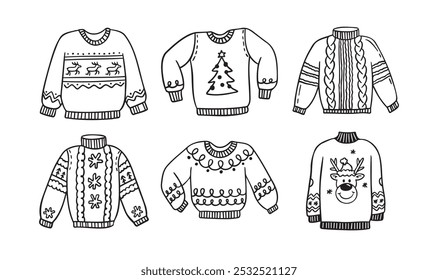 Warm hand drawn Christmas knitted sweaters with a pattern set. Doodle warm winter clothes. New year cozy winter doodles pullovers. Vector illustration