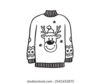 Warm hand drawn Christmas knitted sweaters with a pattern set. Doodle warm winter clothes. New year cozy winter doodles pullovers. Vector illustration