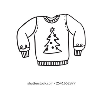 Warmer handgezeichneter Weihnachtsstrickpullover mit einem Mustersymbol. Doodle warme Winterkleidung. Neujahr gemütlich Winter Doodle Pullover. Vektorgrafik