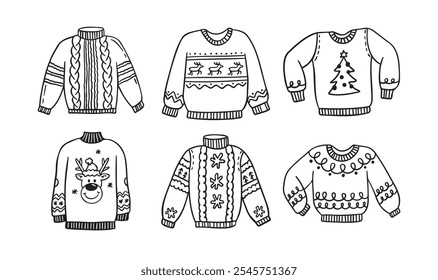 Warm hand drawn Christmas knitted sweaters with a pattern set. Doodle warm winter clothes. New year cozy winter doodles pullovers. Vector illustration