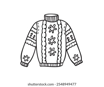 Warm hand drawn Christmas knitted sweater with a pattern icon. Doodle warm winter clothes. New year cozy winter doodle pullover. Vector illustration