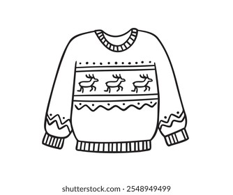 Warm hand drawn Christmas knitted sweater with a pattern icon. Doodle warm winter clothes. New year cozy winter doodle pullover. Vector illustration