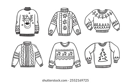 Warm hand drawn Christmas knitted sweaters with a pattern set. Doodle warm winter clothes. New year cozy winter doodles pullovers. Vector illustration