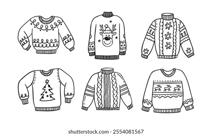 Warm hand drawn Christmas knitted sweaters with a pattern set. Doodle warm winter clothes. New year cozy winter doodles pullovers. Vector illustration