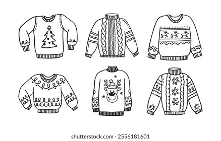 Warm hand drawn Christmas knitted sweaters with a pattern set. Doodle warm winter clothes. New year cozy winter doodles pullovers. Vector illustration