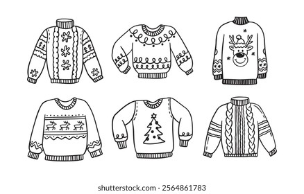 Warm hand drawn Christmas knitted sweaters with a pattern set. Doodle warm winter clothes. New year cozy winter doodles pullovers. Vector illustration