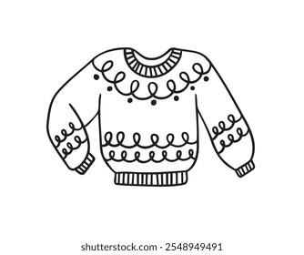 Warm hand drawn knitted sweater with a pattern icon. Doodle warm winter clothes. cozy winter, fall doodle pullover. Vector illustration