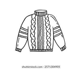 Warm hand drawn knitted sweater with a pattern icon. Doodle warm winter clothes. cozy winter, fall doodle pullover. Vector illustration