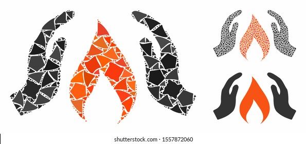 Warm up hands composition of raggy items in various sizes and color hues, based on warm up hands icon. Vector bumpy dots are combined into composition. Warm up hands icons collage with dotted pattern.