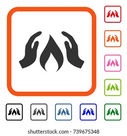 Warm Up Hands icon. Flat grey iconic symbol inside an orange rounded squared frame. Black, gray, green, blue, red, orange color additional versions of Warm Up Hands vector.