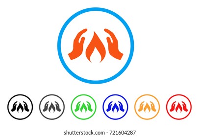 Warm Up Hands rounded icon. Style is a flat warm up hands orange symbol inside light blue circle with black, gray, green, blue, red, orange color versions.